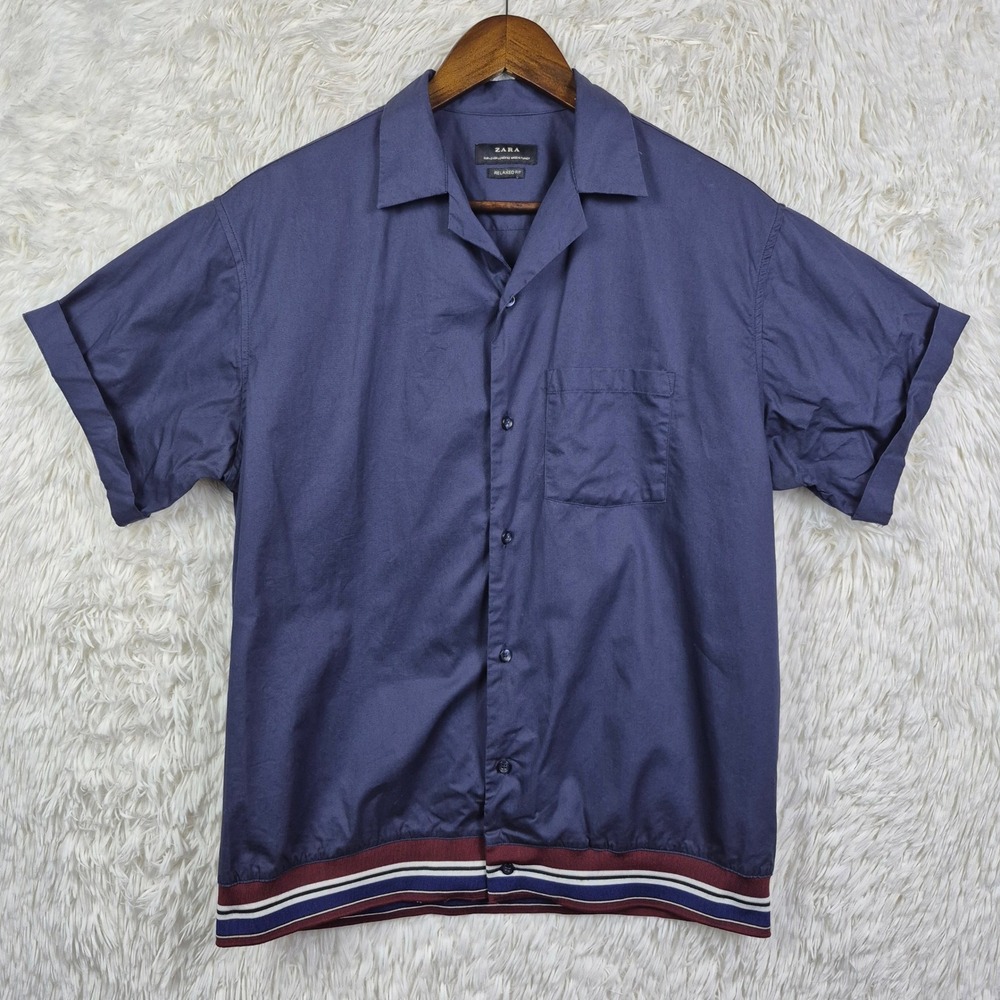 Zara Man Navy Blue Relaxed Fit Short Sleeve‎ Shirt Striped Elastic Hem Sz L Camp